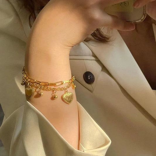 Anti Tarnish Gold Plated Stainless Steel Heart themed Wraparound Bracelet For Women