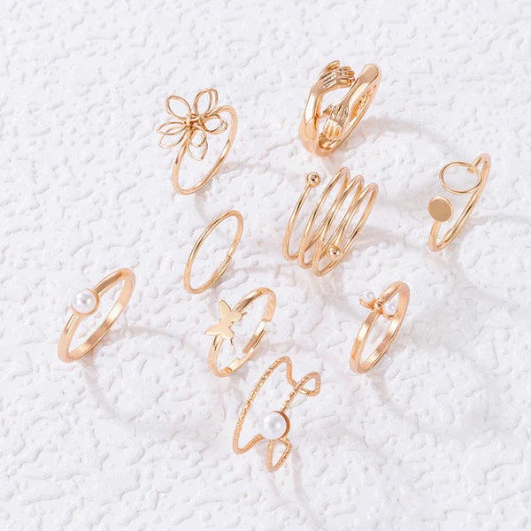 Women Set of 9 Gold Plated Adjustable Hug-Floral Finger Ring