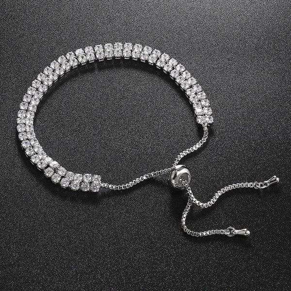 Anti Tarnish Silver Plated Dual Strand Round Cut Cubic Zirconia White Matrix Tennis Bracelet