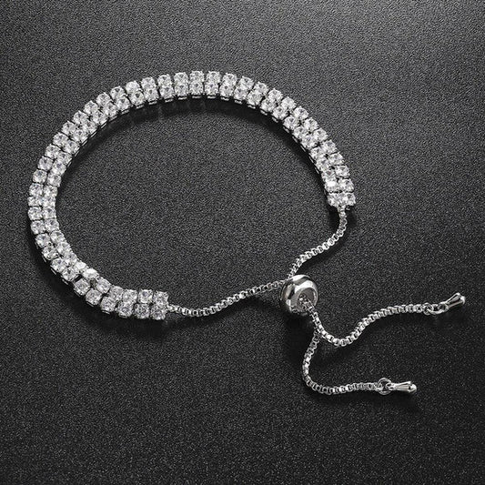 Anti Tarnish Silver Plated Dual Strand Round Cut Cubic Zirconia White Matrix Tennis Bracelet
